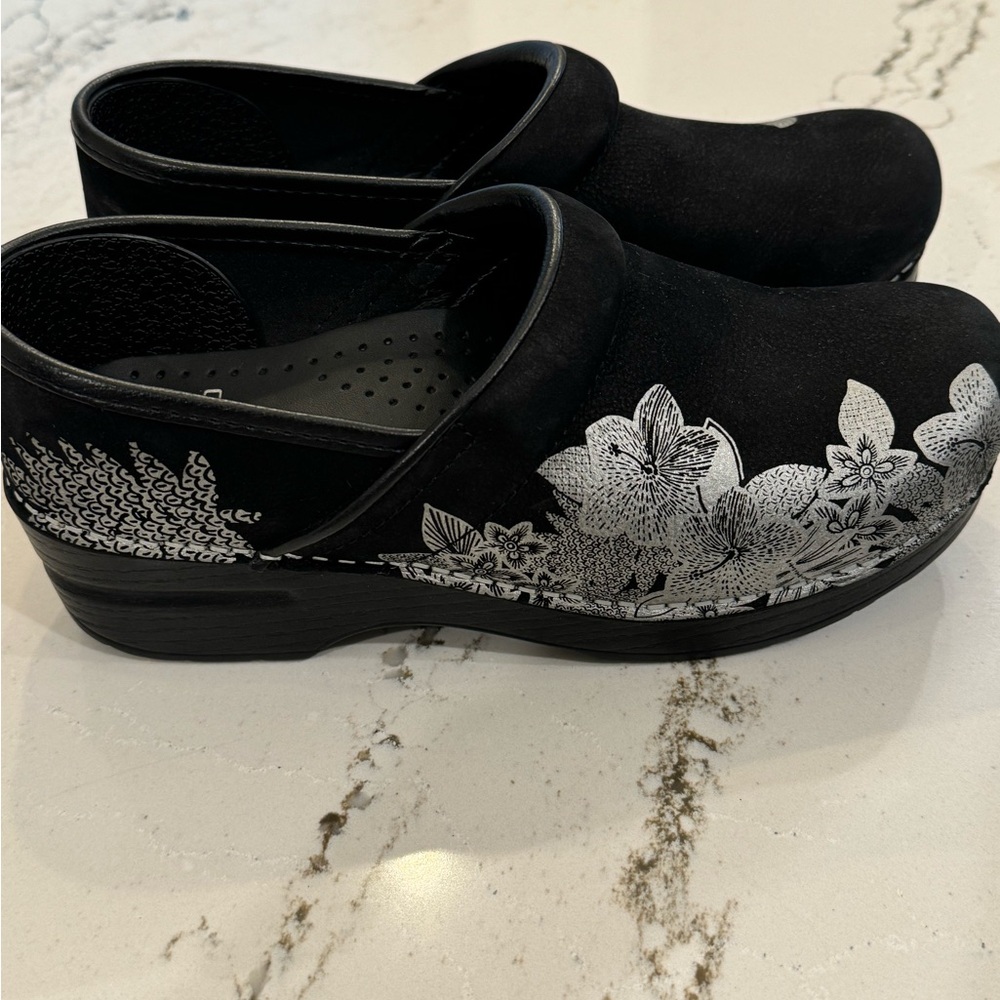 Dansko 37 soft suede leather with unique fine silver detail. Like new!